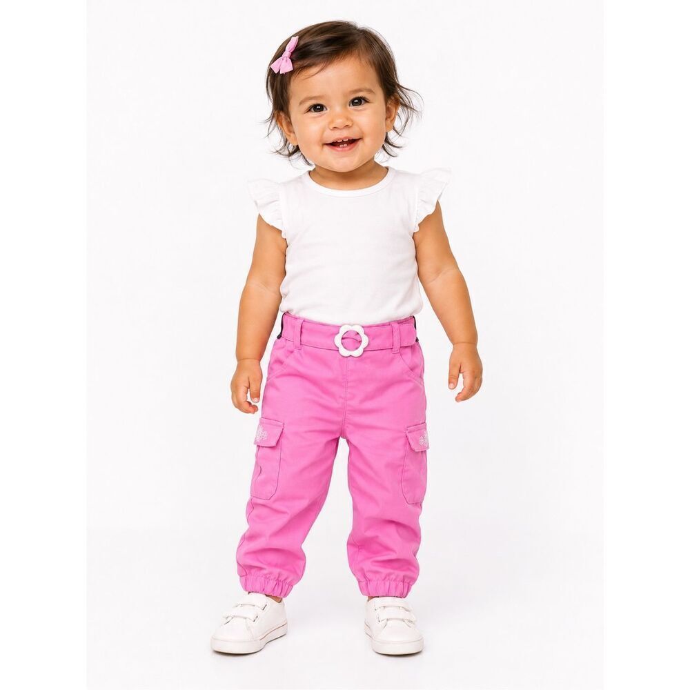 Little Lass Pink Cargo Jogger Pants 18M Flower Buckle Toddler Girls